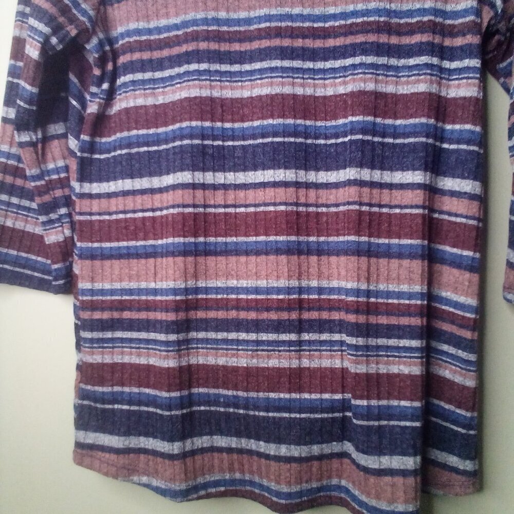 Another Reason Shirt Blouse L 3/4 Sleeve Tie Detail Ribbed Stripe Blue Red - Picture 2 of 14